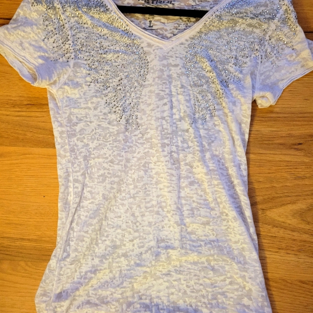 Petrol White sheer shirt with rhinestone angel wings on front and back med/lg